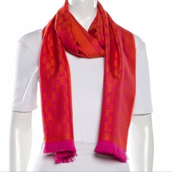 Gucci Sten GG Orange and Pink Fringed Wool Scarf NWT - Picture 3 of 6